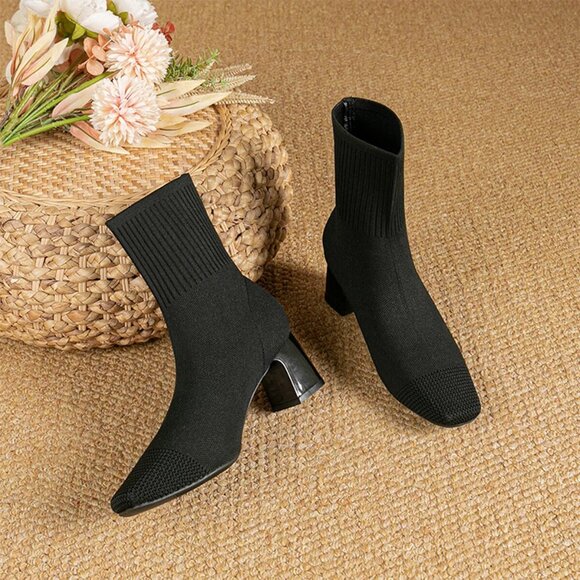 Women's Black Dressy Comfy Knit Sock Square Toe Chunky Heel Slip On Booties - Picture 5 of 6